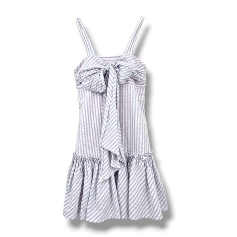 Helena Striped Mini Dress Women's Size‎ 8 Blue White Tie Front Ruffle Hem
